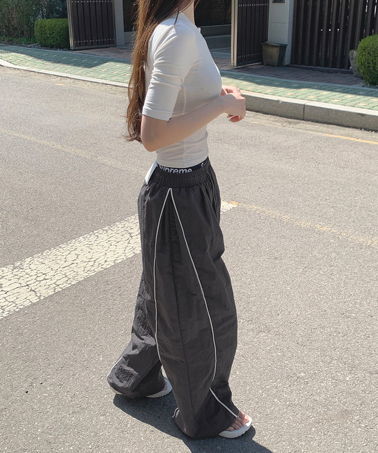 【丈別】バイカラーワイドジョガーバンドパンツ CHARCOAL