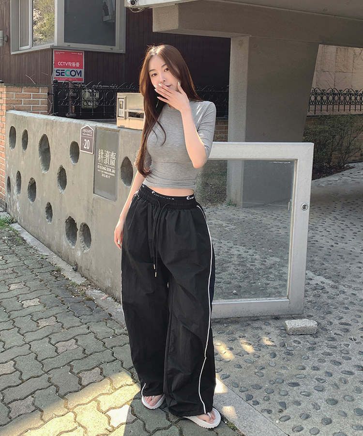 【丈別】バイカラーワイドジョガーバンドパンツ BLACK