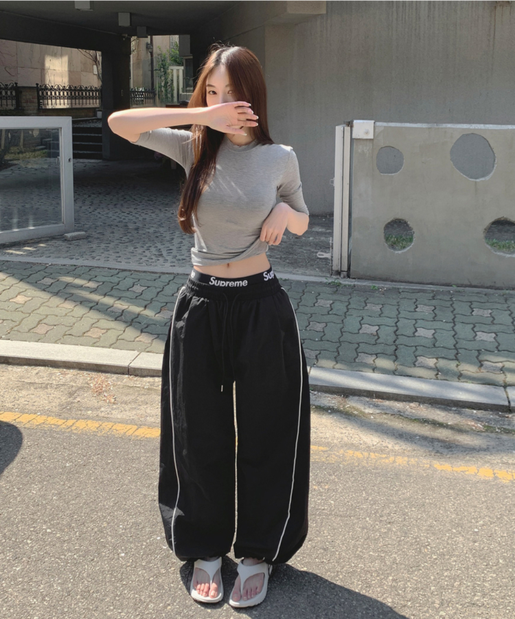 【丈別】バイカラーワイドジョガーバンドパンツ BLACK