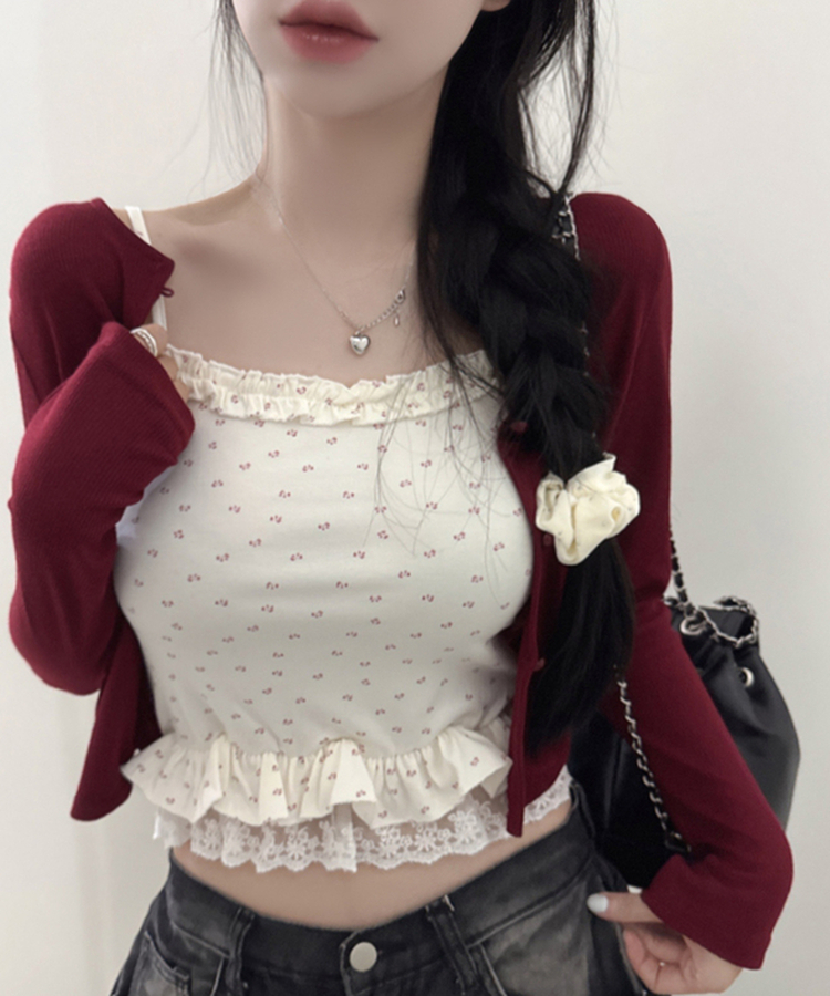 【SET】フラワーフリルキャミソール＋クロップ長袖カーディガン(5color) RED