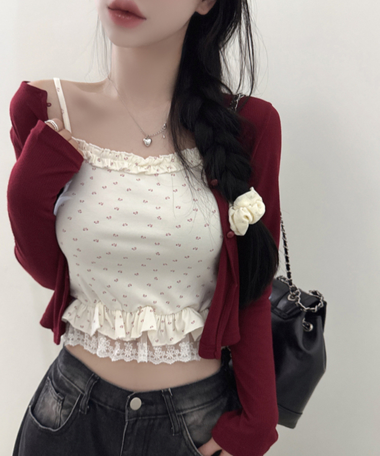 【SET】フラワーフリルキャミソール＋クロップ長袖カーディガン(5color) RED