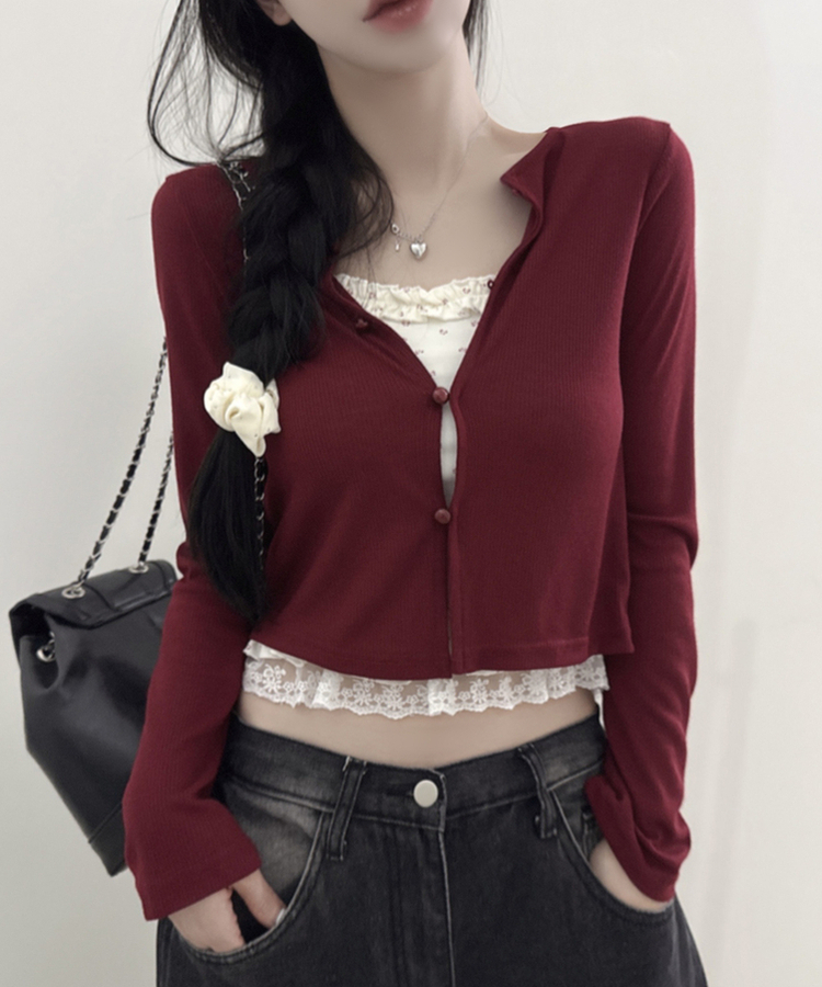 【SET】フラワーフリルキャミソール＋クロップ長袖カーディガン(5color) RED