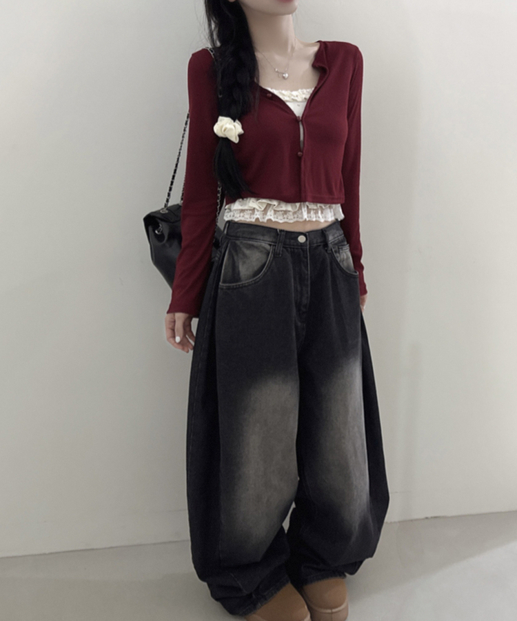 【SET】フラワーフリルキャミソール＋クロップ長袖カーディガン(5color) RED