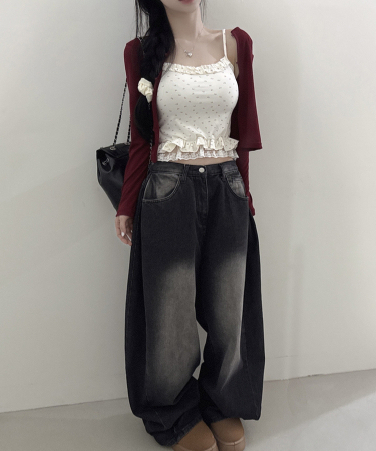 【SET】フラワーフリルキャミソール＋クロップ長袖カーディガン(5color) RED