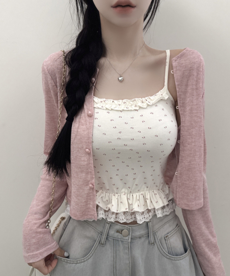 【SET】フラワーフリルキャミソール＋クロップ長袖カーディガン(5color) PINK