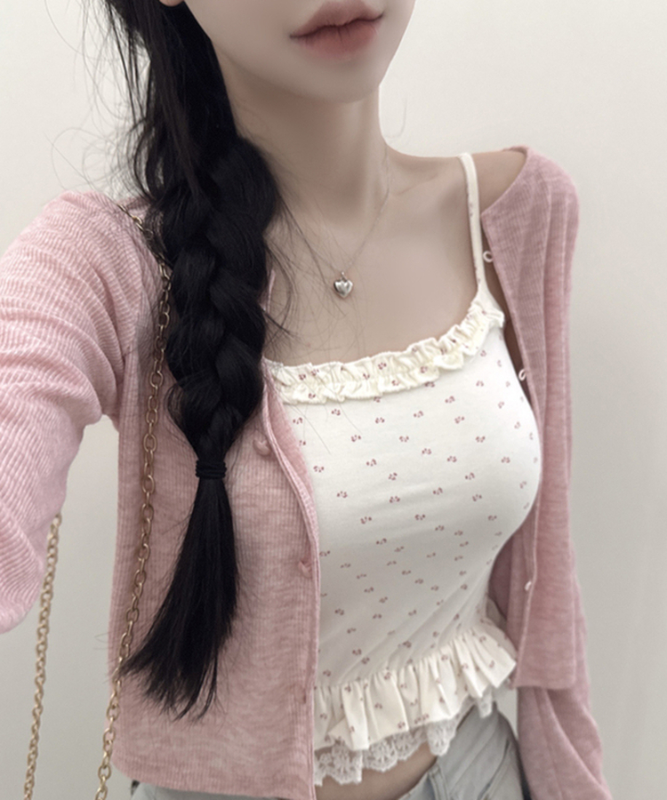 【SET】フラワーフリルキャミソール＋クロップ長袖カーディガン(5color) PINK