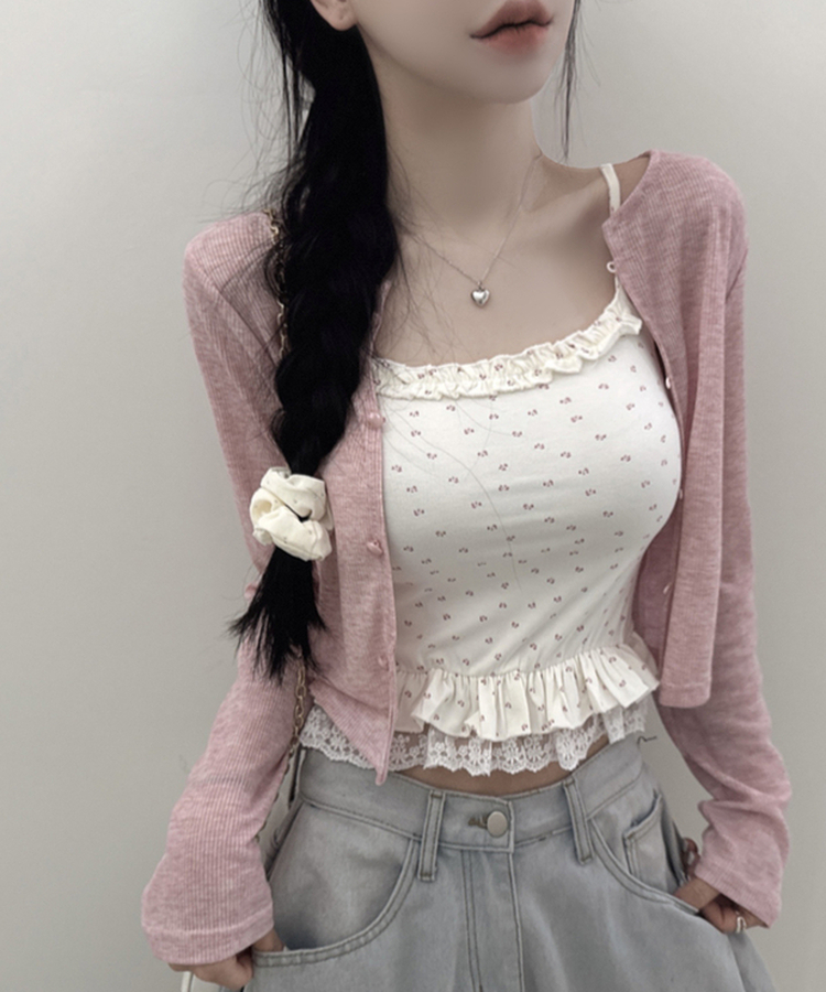 【SET】フラワーフリルキャミソール＋クロップ長袖カーディガン(5color) PINK