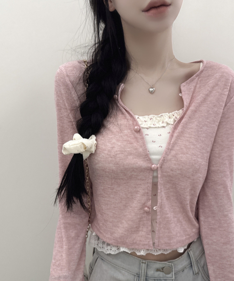 【SET】フラワーフリルキャミソール＋クロップ長袖カーディガン(5color) PINK