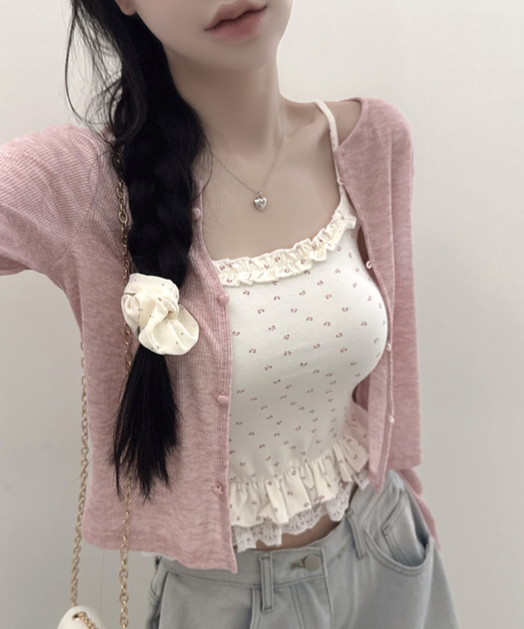 【SET】フラワーフリルキャミソール＋クロップ長袖カーディガン(5color) PINK