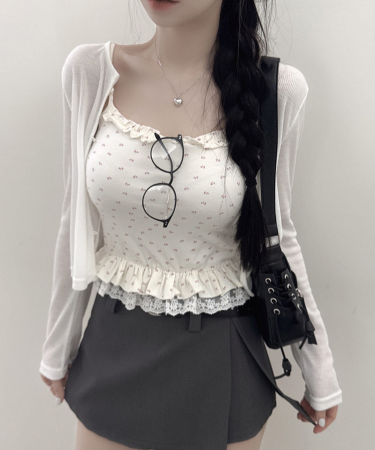 【SET】フラワーフリルキャミソール＋クロップ長袖カーディガン(5color) WHITE