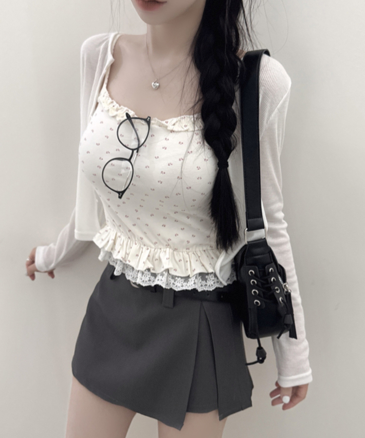 【SET】フラワーフリルキャミソール＋クロップ長袖カーディガン(5color) WHITE