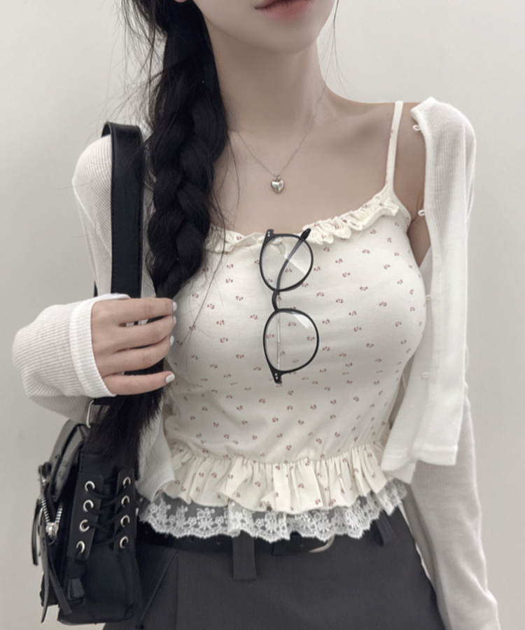 【SET】フラワーフリルキャミソール＋クロップ長袖カーディガン(5color) WHITE