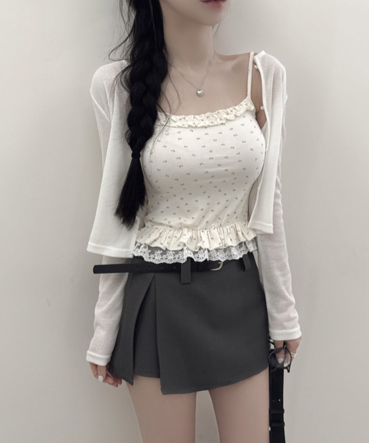 【SET】フラワーフリルキャミソール＋クロップ長袖カーディガン(5color) WHITE