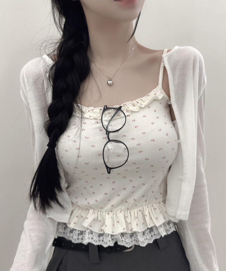 【SET】フラワーフリルキャミソール＋クロップ長袖カーディガン(5color) WHITE