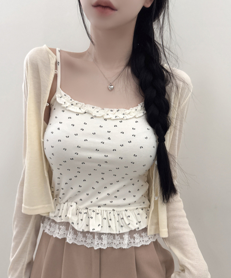 【SET】フラワーフリルキャミソール＋クロップ長袖カーディガン(5color) BEIGE