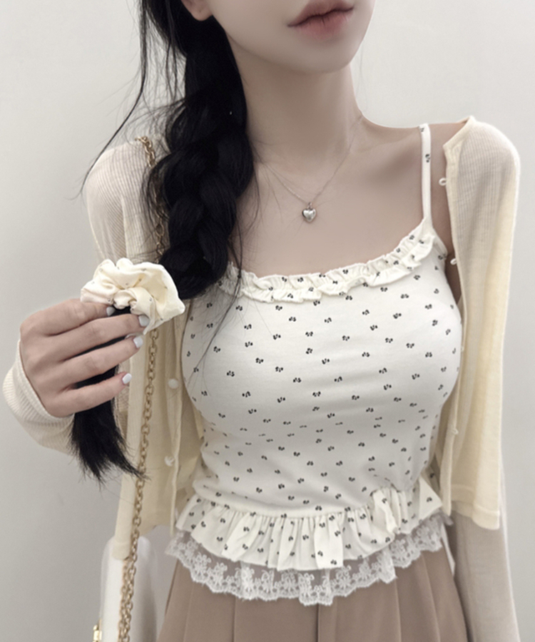 【SET】フラワーフリルキャミソール＋クロップ長袖カーディガン(5color) BEIGE