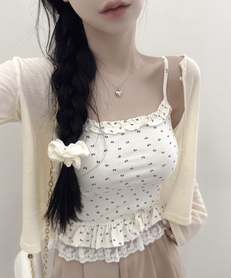 【SET】フラワーフリルキャミソール＋クロップ長袖カーディガン(5color) BEIGE