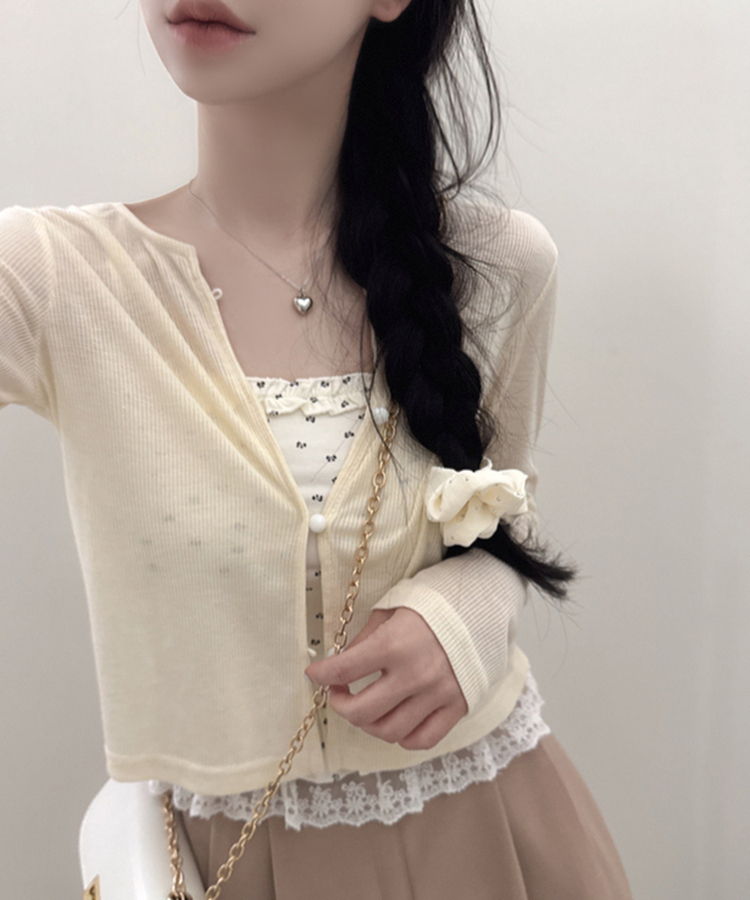 【SET】フラワーフリルキャミソール＋クロップ長袖カーディガン(5color) BEIGE