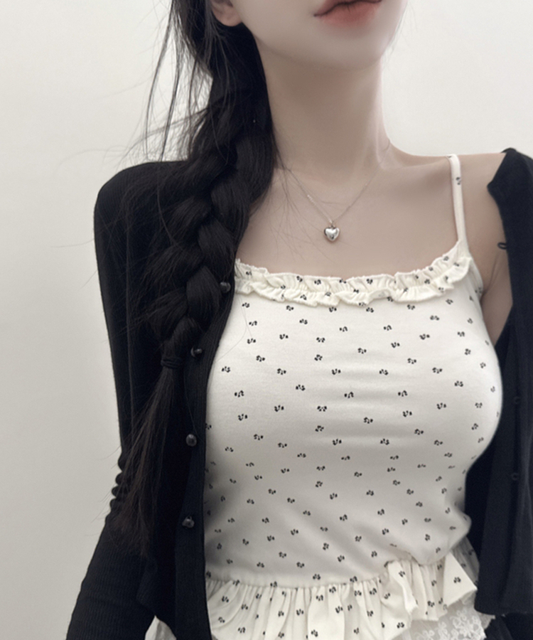 【SET】フラワーフリルキャミソール＋クロップ長袖カーディガン(5color) BLACK