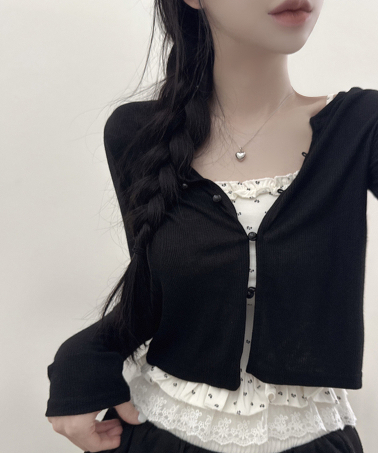 【SET】フラワーフリルキャミソール＋クロップ長袖カーディガン(5color) BLACK