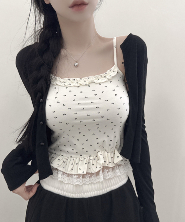 【SET】フラワーフリルキャミソール＋クロップ長袖カーディガン(5color) BLACK