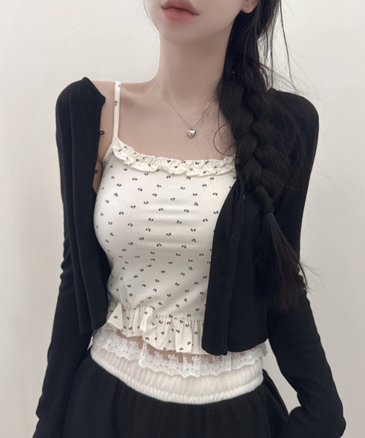 【SET】フラワーフリルキャミソール＋クロップ長袖カーディガン(5color) BLACK