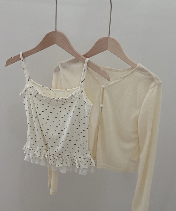 【SET】フラワーフリルキャミソール＋クロップ長袖カーディガン(5color)