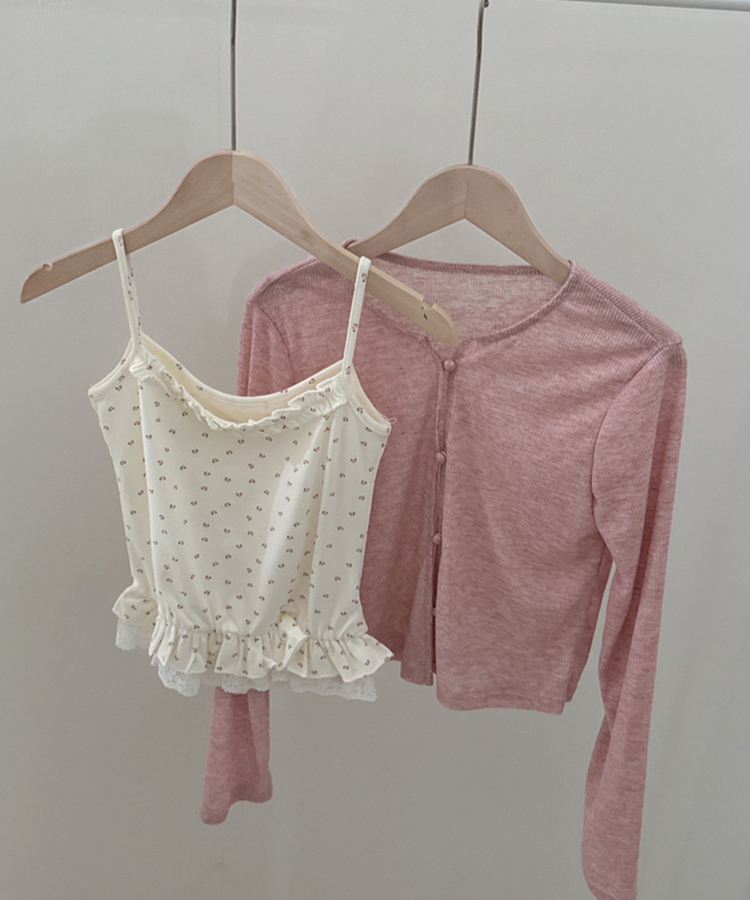 【SET】フラワーフリルキャミソール＋クロップ長袖カーディガン(5color)