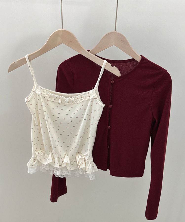 【SET】フラワーフリルキャミソール＋クロップ長袖カーディガン(5color)