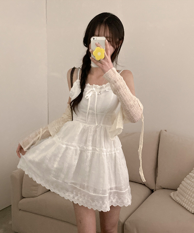 밀크 펀칭 레이스 프릴 나시 뷔스티에 미니 캉캉 끈 원피스 화이트