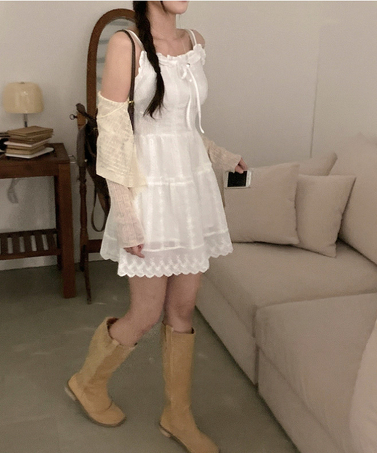 밀크 펀칭 레이스 프릴 나시 뷔스티에 미니 캉캉 끈 원피스 화이트