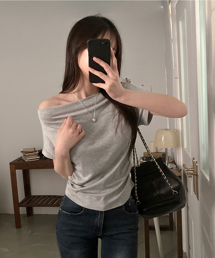オフショルダードレープ半袖Tシャツ GREY