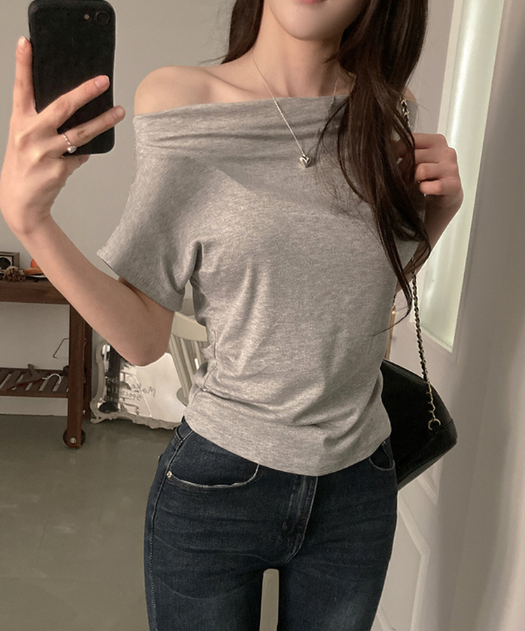 オフショルダードレープ半袖Tシャツ GREY