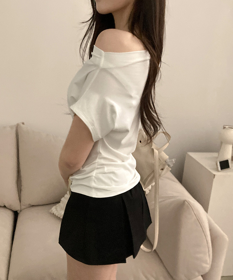 オフショルダードレープ半袖Tシャツ WHITE