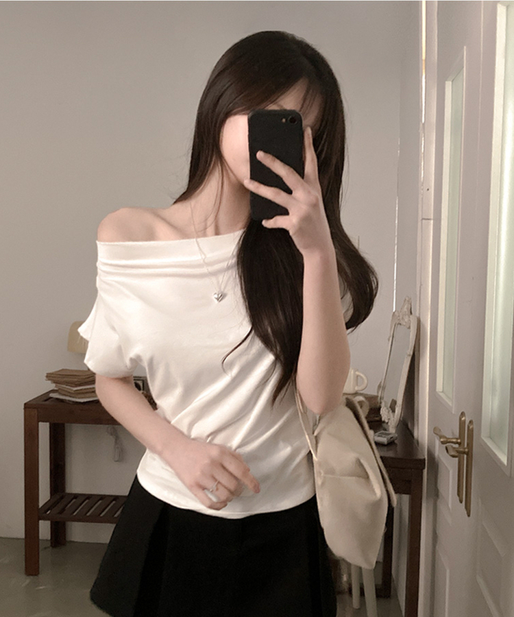 オフショルダードレープ半袖Tシャツ WHITE