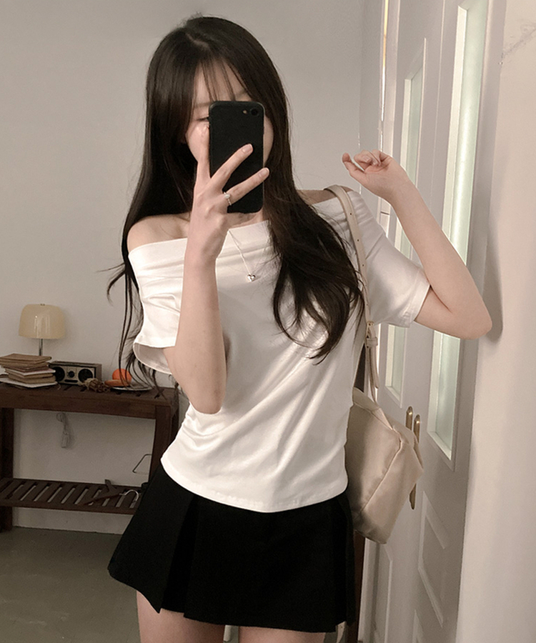 オフショルダードレープ半袖Tシャツ WHITE