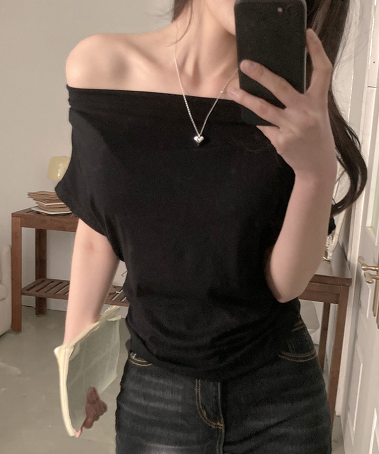 オフショルダードレープ半袖Tシャツ BLACK