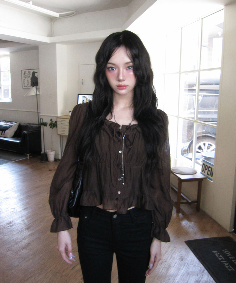 フリルシアリングブラウス BROWN