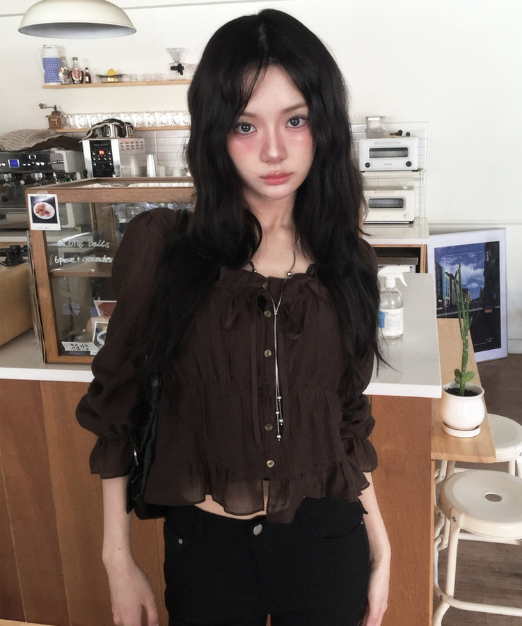 フリルシアリングブラウス BROWN