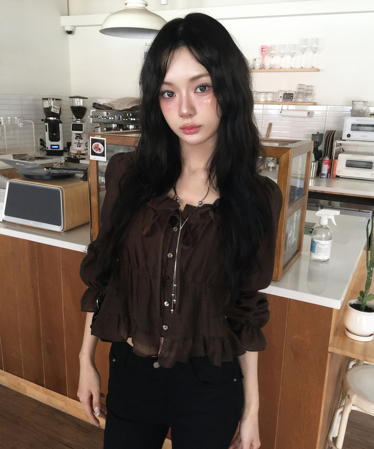 フリルシアリングブラウス BROWN
