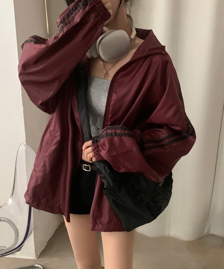 밀런 고프코어 배색 나일론 바람막이 집업점퍼 5color 레드