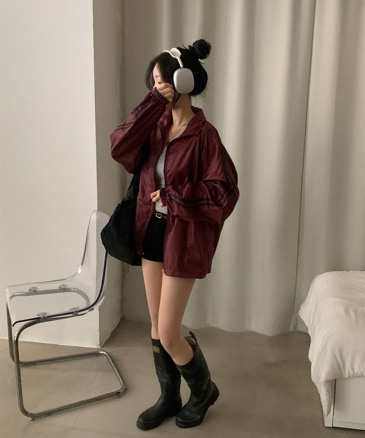 밀런 고프코어 배색 나일론 바람막이 집업점퍼 5color 레드