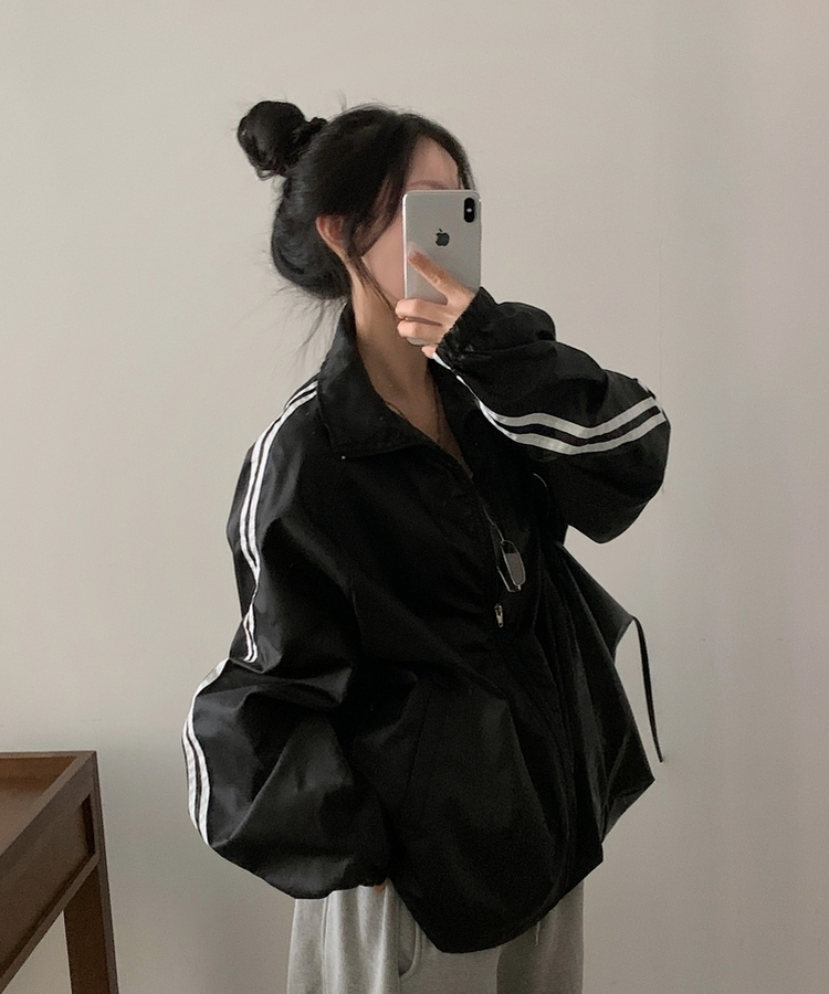 밀런 고프코어 배색 나일론 바람막이 집업점퍼 5color 블랙