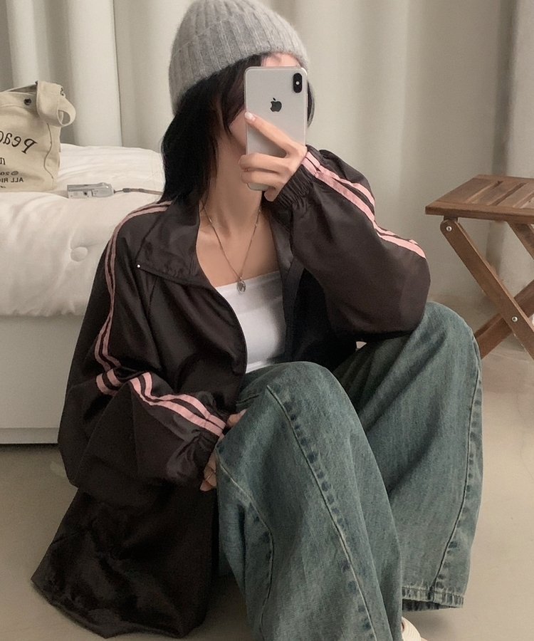 밀런 고프코어 배색 나일론 바람막이 집업점퍼 5color 브라운