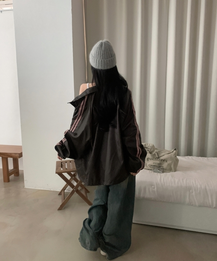 밀런 고프코어 배색 나일론 바람막이 집업점퍼 5color 브라운