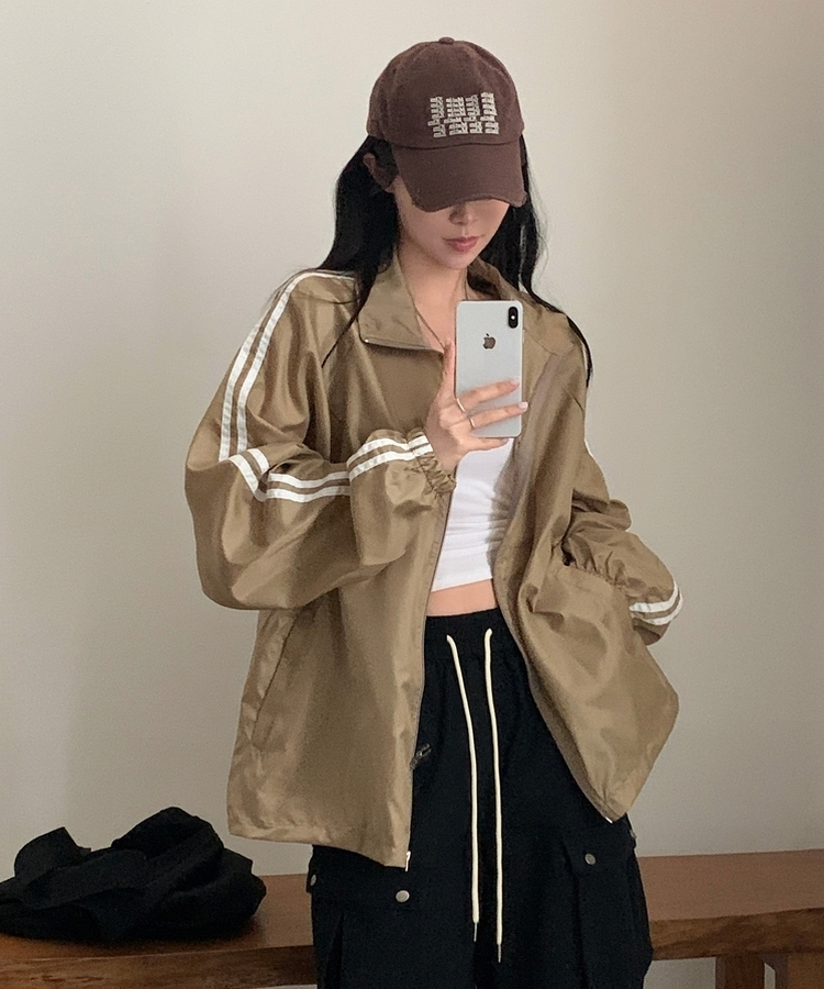 밀런 고프코어 배색 나일론 바람막이 집업점퍼 5color 베이지