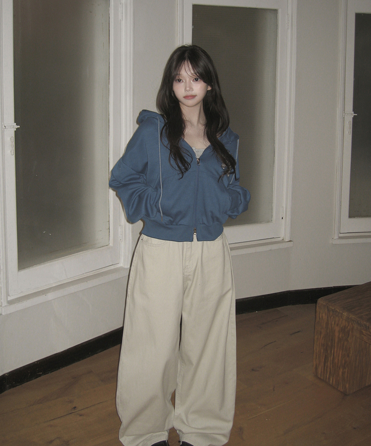 オーバーフィット長袖フードジップアップ BLUE