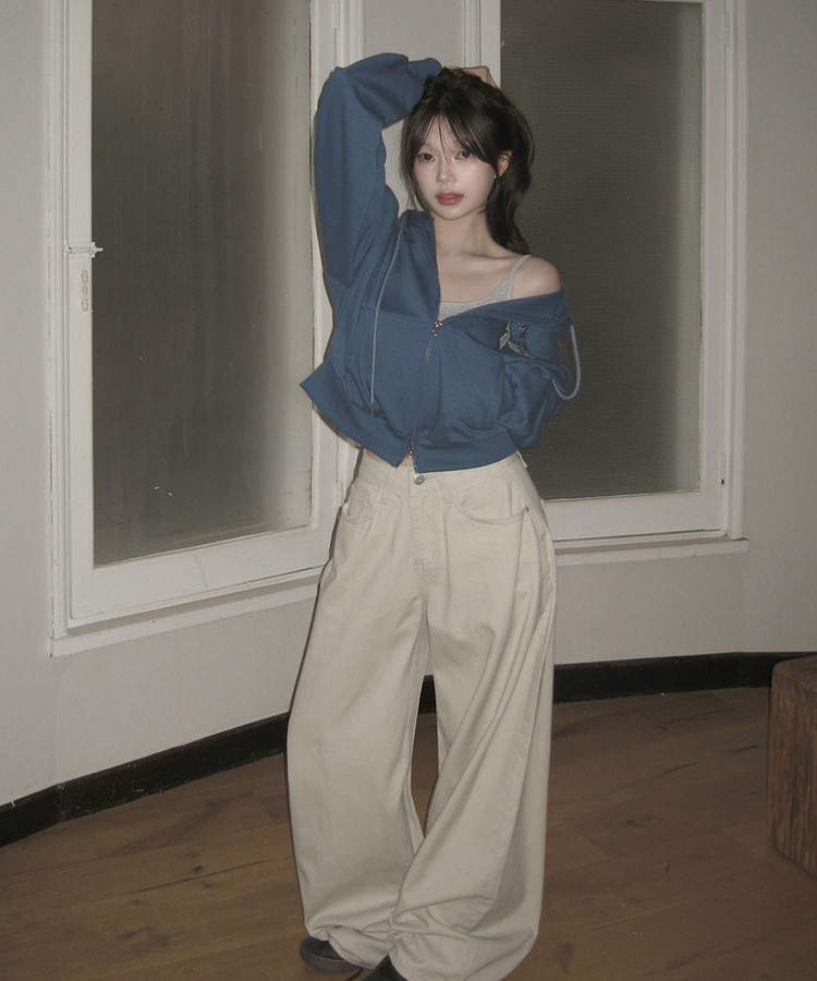 オーバーフィット長袖フードジップアップ BLUE