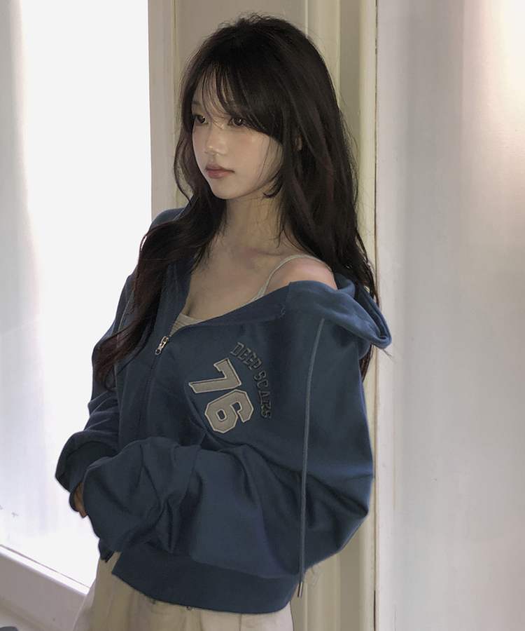 オーバーフィット長袖フードジップアップ BLUE