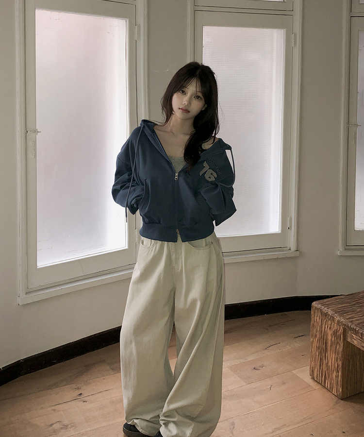 オーバーフィット長袖フードジップアップ BLUE